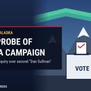 FFP illustration of a ballot box and magnifying glass in front of snow-capped Alaska mountains